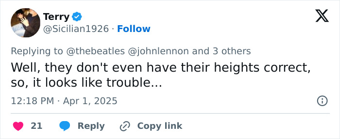 Tweet criticizing casting choices for Beatles biopic, mentioning incorrect heights.