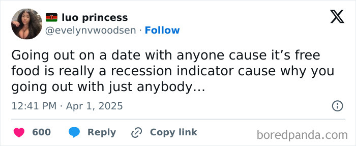 Tweet by luo princess humorously noting dating for free food as a recession indicator.