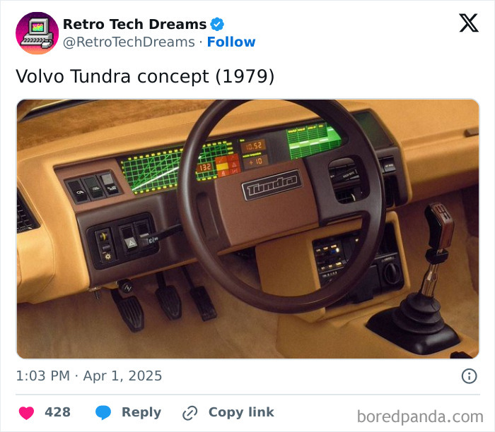 Retro tech: Volvo Tundra concept car dashboard from 1979, featuring vintage controls and displays.