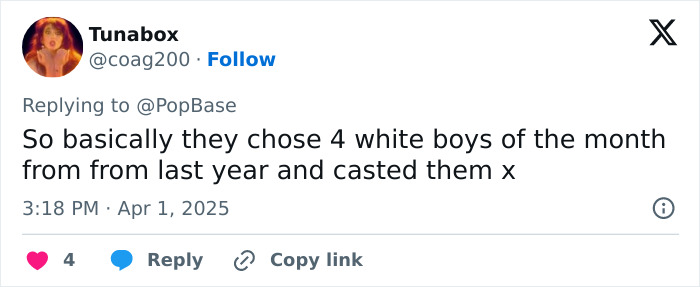 Tweet criticizing the casting choices for The Beatles biopic, highlighting lack of diversity.
