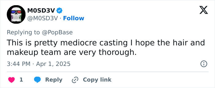 Tweet critiques Beatles biopic casting, requesting thorough makeup work.