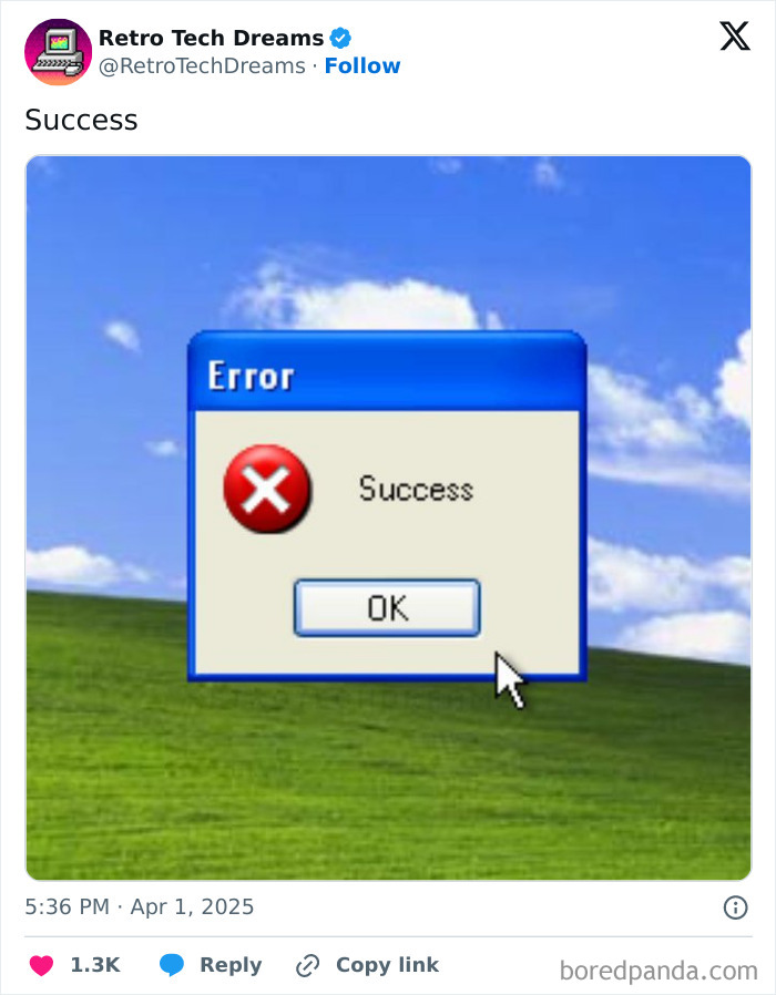 Retro tech error message box showing "Success" with a red cross and "OK" button on a classic desktop background.