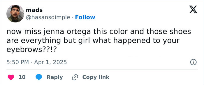 Tweet remarks on Jenna Ortega's appearance change, noting eyebrows.