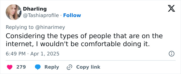 Tweet discussing internet safety regarding a photo, expressing discomfort with sharing it publicly.