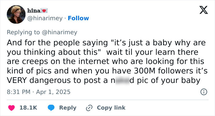 Tweet discussing internet safety concerns, mentioning creeps on the internet in relation to baby photos.