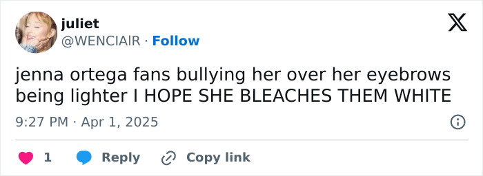 Tweet about Jenna Ortega's lighter eyebrows, with user reactions.