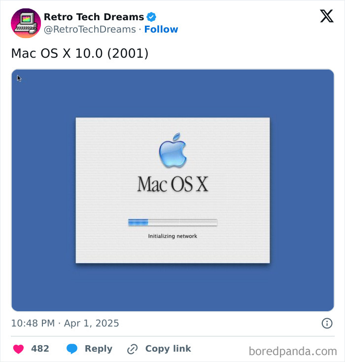 Mac OS X 10.0 loading screen from 2001, featuring an Apple logo and progress bar on a blue background. Retro tech nostalgia.