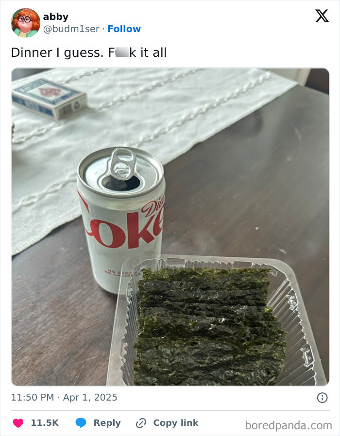 Diet Coke and seaweed on a table with a caption expressing humor and frustration.