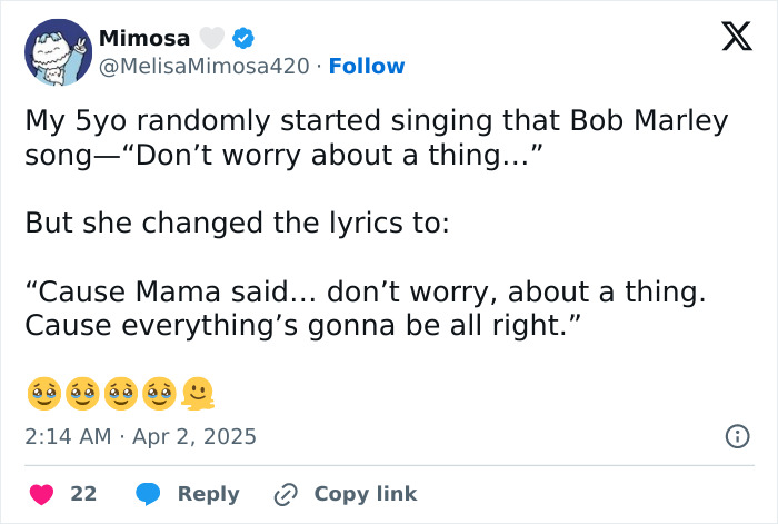 Tweet humor from parents: Child sings funny version of Bob Marley's song with mom-inspired lyrics and smiley emojis.