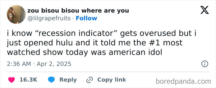 Funny recession indicator tweet about American Idol being top on Hulu.