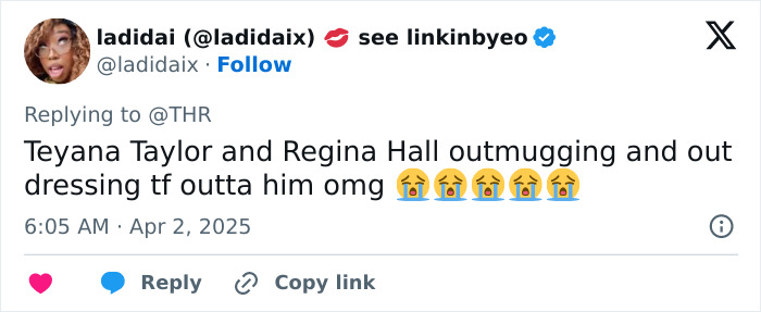 Tweet from user @ladidaix commenting on Teyana Taylor and Regina Hall outshining someone on a red carpet.