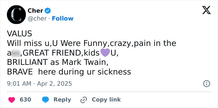 Cher tweets about missing a brilliant and brave friend, referencing Val Kilmer.