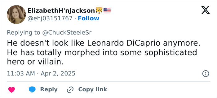 Tweet reacting to Leonardo DiCaprio's midlife crisis look on Las Vegas red carpet.