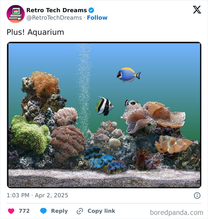 Retro tech aquarium scene with colorful fish and coral decorations, creating a nostalgic vibe.