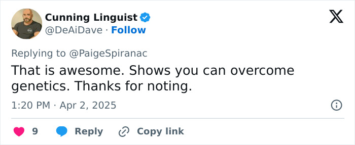 Tweet reaction to influencer's body transformation highlights overcoming genetics.