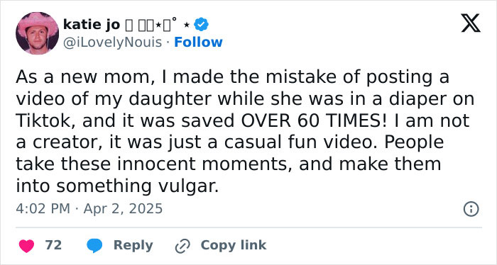 Tweet by a mom about posting her baby&rsquo;s video on TikTok, highlighting concerns over online misuse.