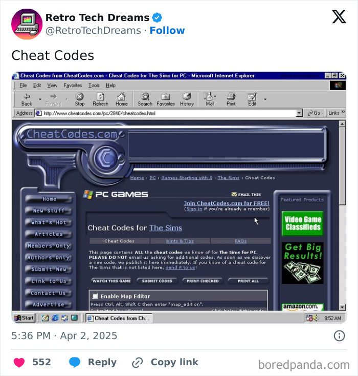 Retro tech webpage showing cheat codes for The Sims on an old browser interface.