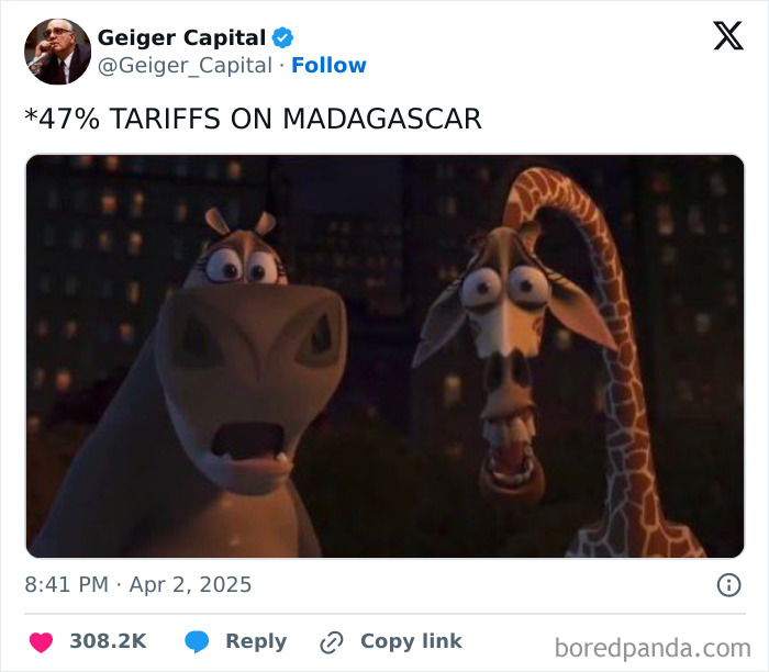 Animated hippo and giraffe reacting to shocking Wall Street news on tariffs, reflecting a market crash theme.