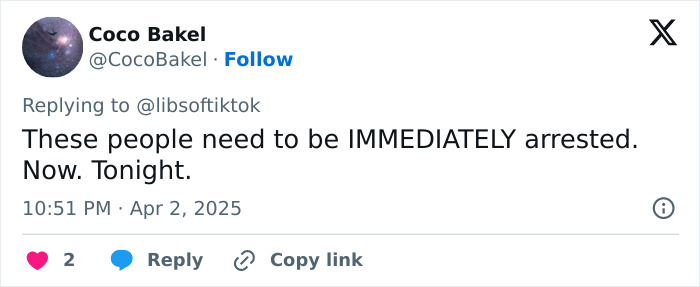 Tweet expressing anger over middle school survey with explicit questions, demanding immediate arrests.