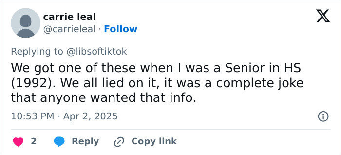 Tweet response mentioning survey experience in high school, referencing concerns similar to parents' reactions to explicit questions.