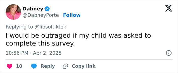 Tweet expressing parent's anger over explicit survey questions in middle school.