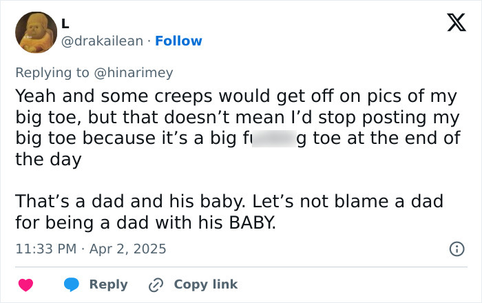 Tweet discussing internet creeps regarding a dad posting about his baby by the pool.