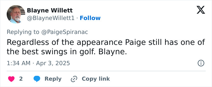 Tweet from Blayne Willett praising golf swing despite appearance changes.