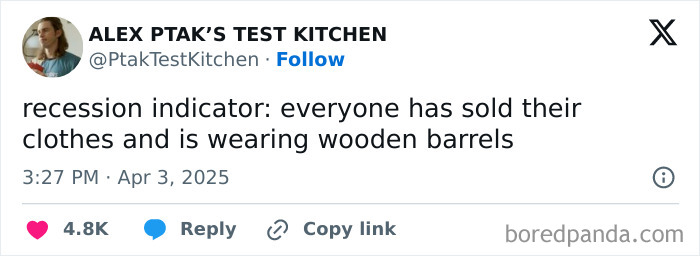 Recession indicator joke: people wearing wooden barrels instead of clothes in a humorous tweet.