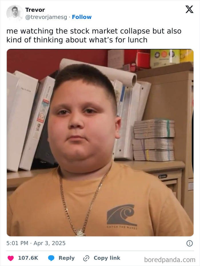 A child in a brown shirt looks blankly, illustrating the funniest tweets of April.