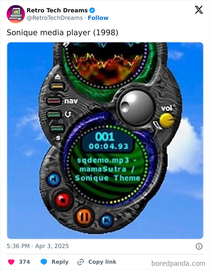 Retro tech Sonique media player from 1998, featuring a vibrant interface with audio controls against a sky backdrop.
