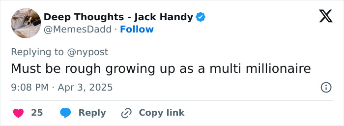 Tweet from user joking about the challenges of growing up wealthy, related to Tom Hanks' daughter's childhood.