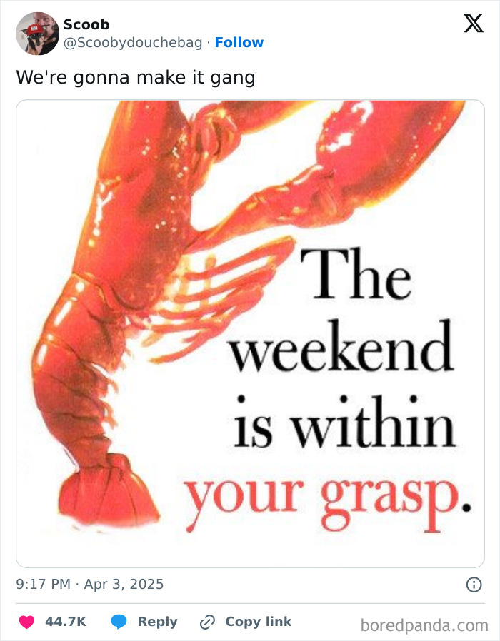 Lobster claw image with text: "The weekend is within your grasp." Funniest tweets from April highlighted.