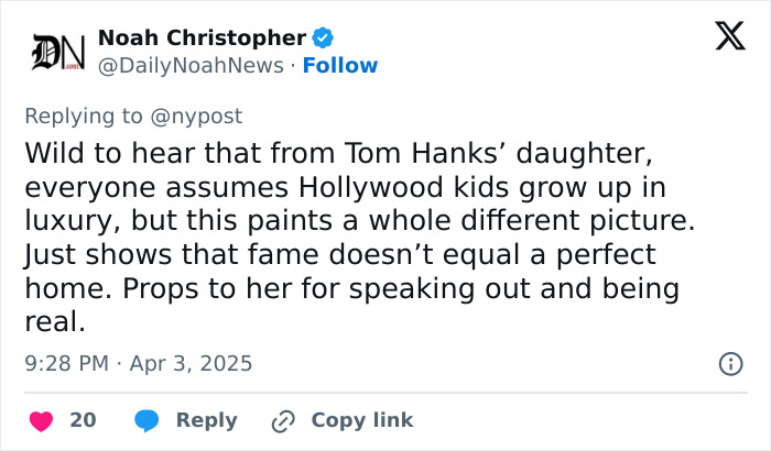 Tweet discussing Tom Hanks' daughter's revelations about her challenging Hollywood childhood.