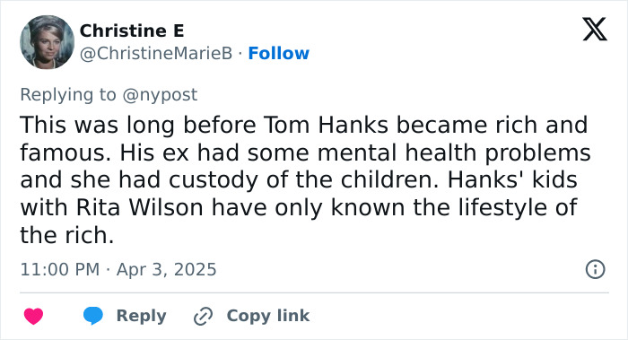 Tweet discussing Tom Hanks' children's differing upbringing experiences.