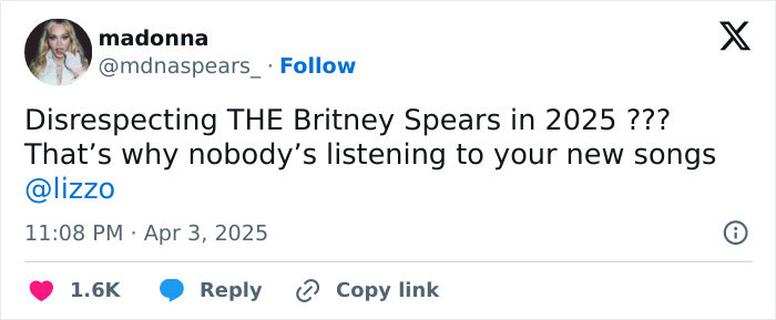 Tweet criticizing Lizzo for disrespecting Britney Spears in 2025, mentioning low music engagement.