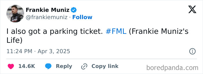 Tweet by a verified user humorously sharing about receiving a parking ticket, tagged with #FML.