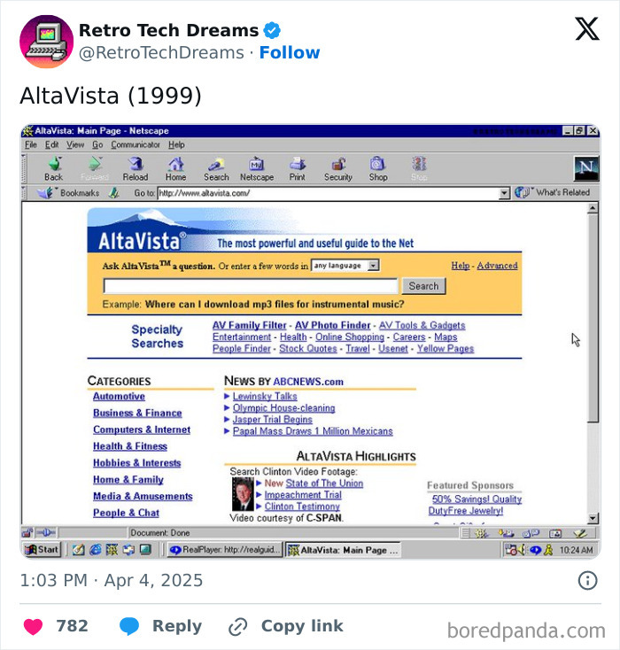 AltaVista website from 1999 displayed on a retro browser, showcasing early internet technology.