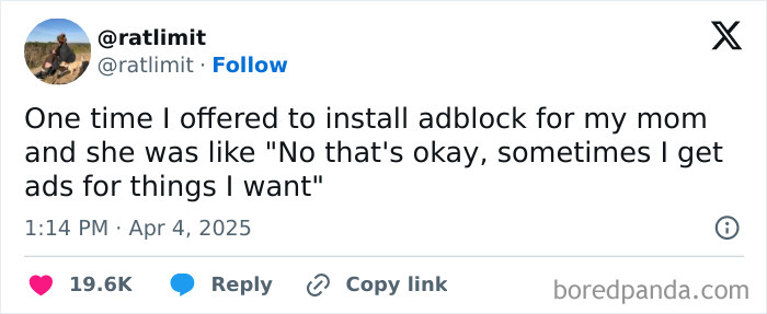 Tweet by @ratlimit about mom's humorous take on adblock, April 2025.