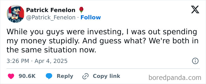 Wall Street meme showing a tweet about spending money foolishly, ending up in the same situation as investors.