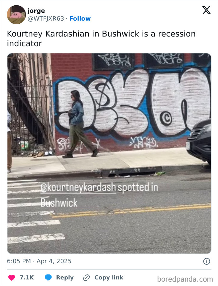 Person walking in Bushwick, graffiti background, labeled a recession indicator by social media user.