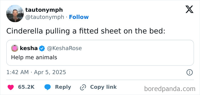 Funny tweet depicting Cinderella's struggle with a fitted sheet on a bed, humorously linked to animals needing help.