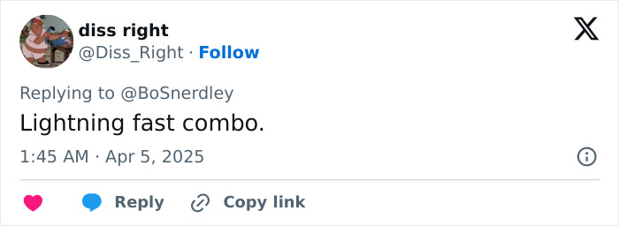 Tweet reply about a "lightning fast combo," by Diss Right, dated April 5, 2025.