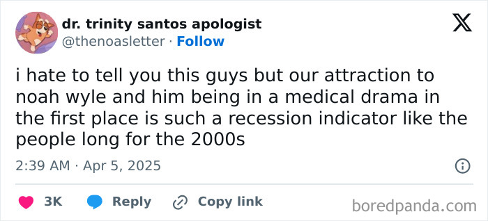 Text post humorously noting a medical drama as a recession indicator, with nostalgia for the 2000s.