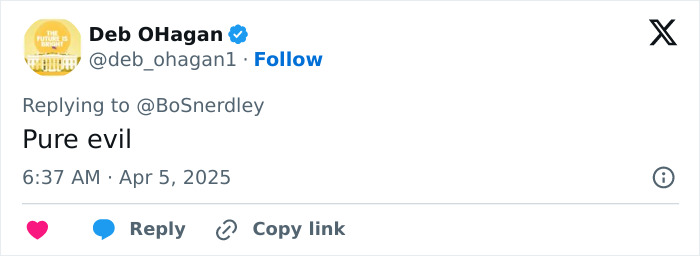 A reply tweet stating, "Pure evil," discussing a pro-life activist incident.