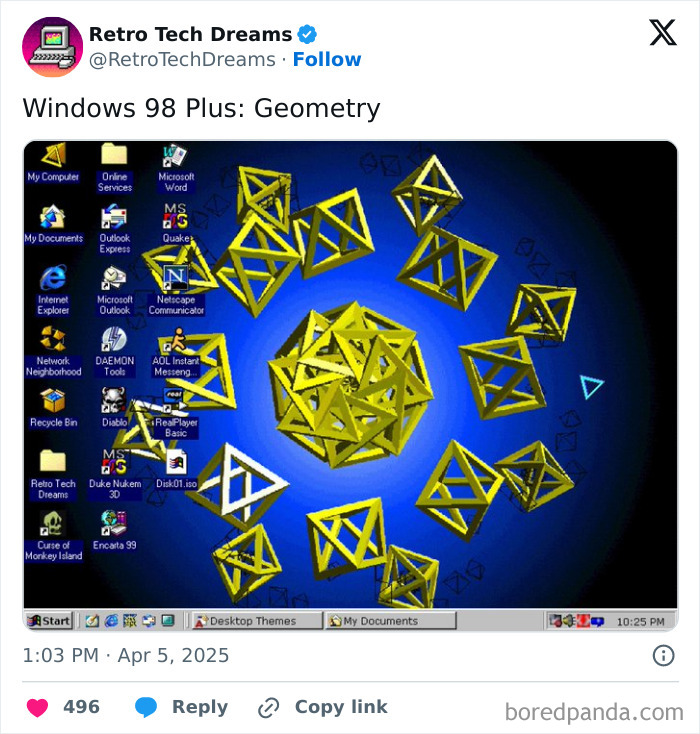 Windows 98 desktop with geometric wallpaper, icons include Internet Explorer and AOL, showcasing nostalgic retro tech.