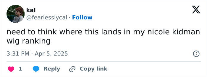 Nicole Kidman wig ranking comment highlights her transformation.