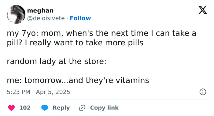 Funny tweet from a parent about their child's eagerness to take vitamins, shared in a humorous conversation at a store.