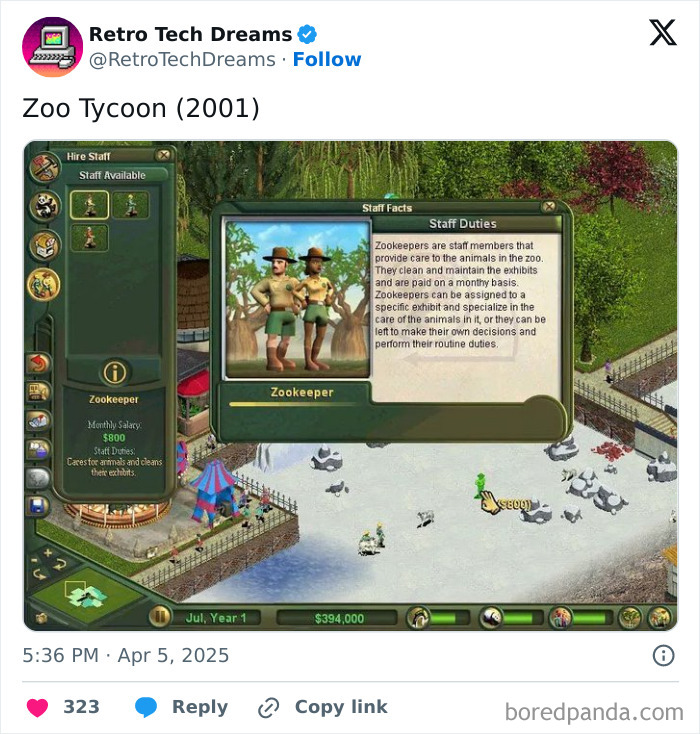 Screenshot of the retro game Zoo Tycoon (2001) showing zookeeper staff duties and in-game interface.