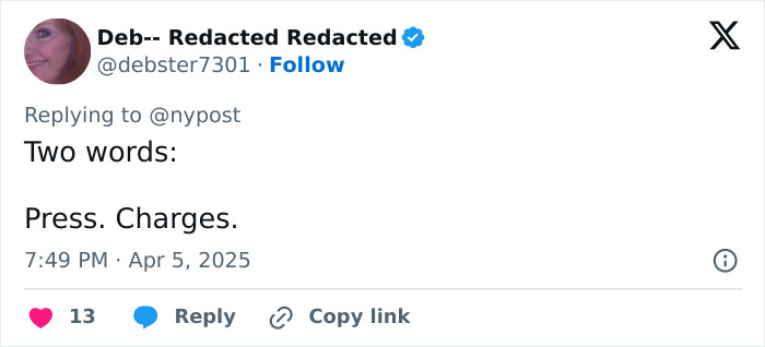 Tweet urging to press charges after attack on pro-life activist.