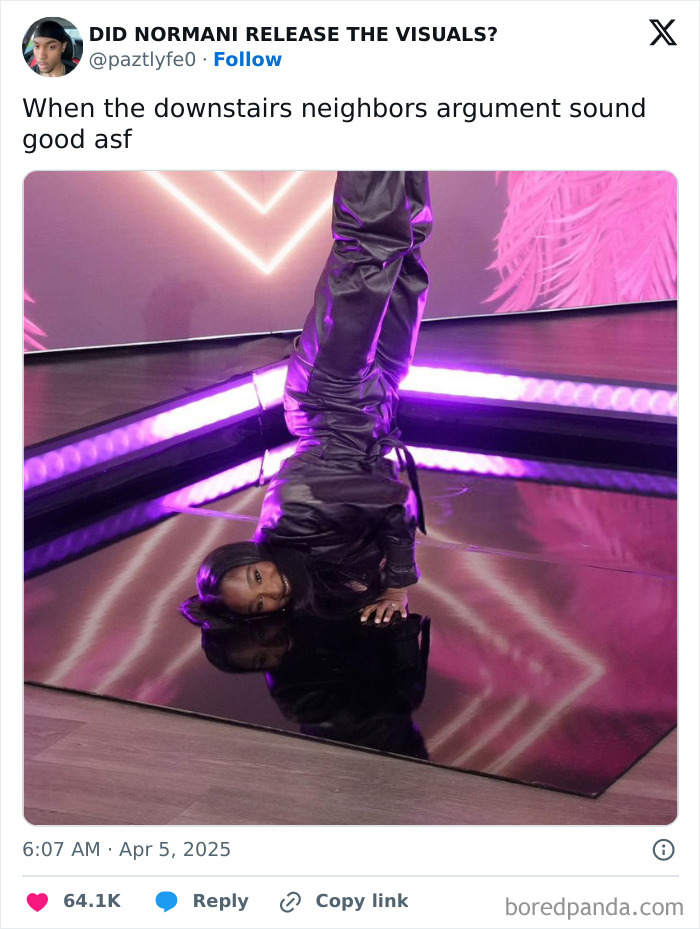 Person in black outfit doing a headstand pose indoors with neon lights, illustrating the funniest tweets of the month.